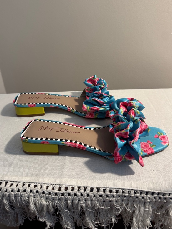 Betsey Johnson Shoes - Betsey Johnson Turquoise Floral Ruffle Slide Mules with Lime Green Heel Size 8